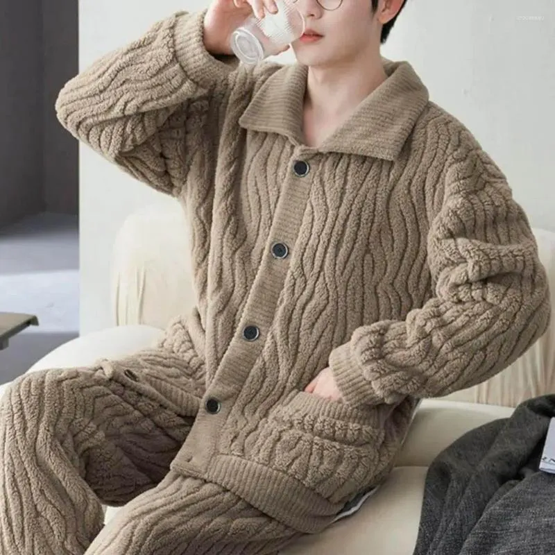 Pijamas masculinos conjunto de pijamas quentes aconchegante inverno homewear pijama de lapela de pelúcia com cintura elástica onda de água textura bolsos para homem