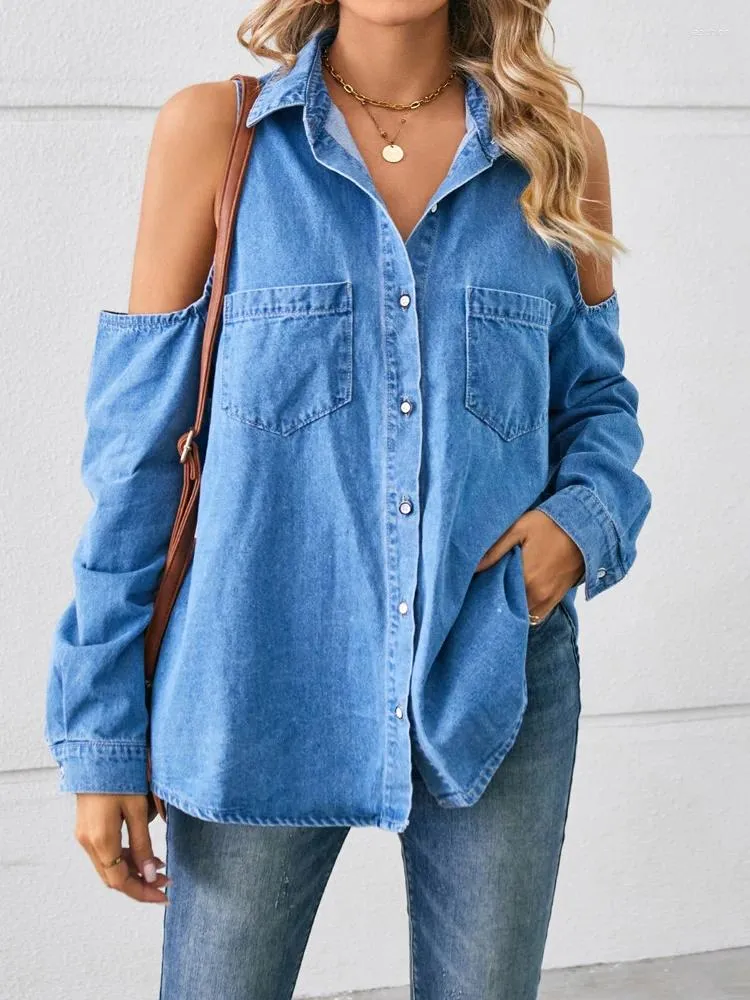 Blouses Femmes Benuynffy Cold Épaule Surdimensionné Denim Chemise Femmes 2023 Automne Vintage Poches À Poitrine Lâche Casual Jean Tops