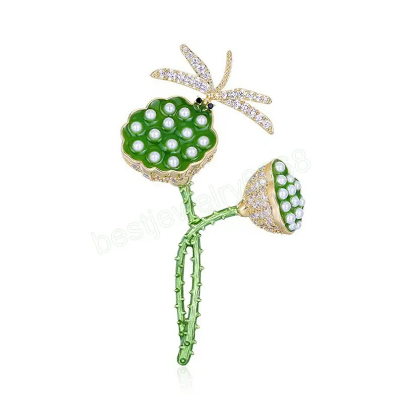 Fashion Creative Lotus Brooches With Dragonfly Women Imitation Pearls Shiny Rhinestones Lotus Brooches Party Jewelry Gifts