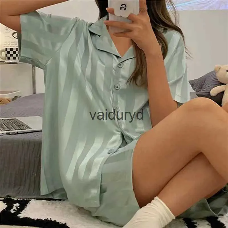 home clothing Conjunto de pijamas para mujer, ropa de dormir de manga corta de seda satinada a rayas, ropa de ocio para el hogar, pijamas para mujervaiduryd