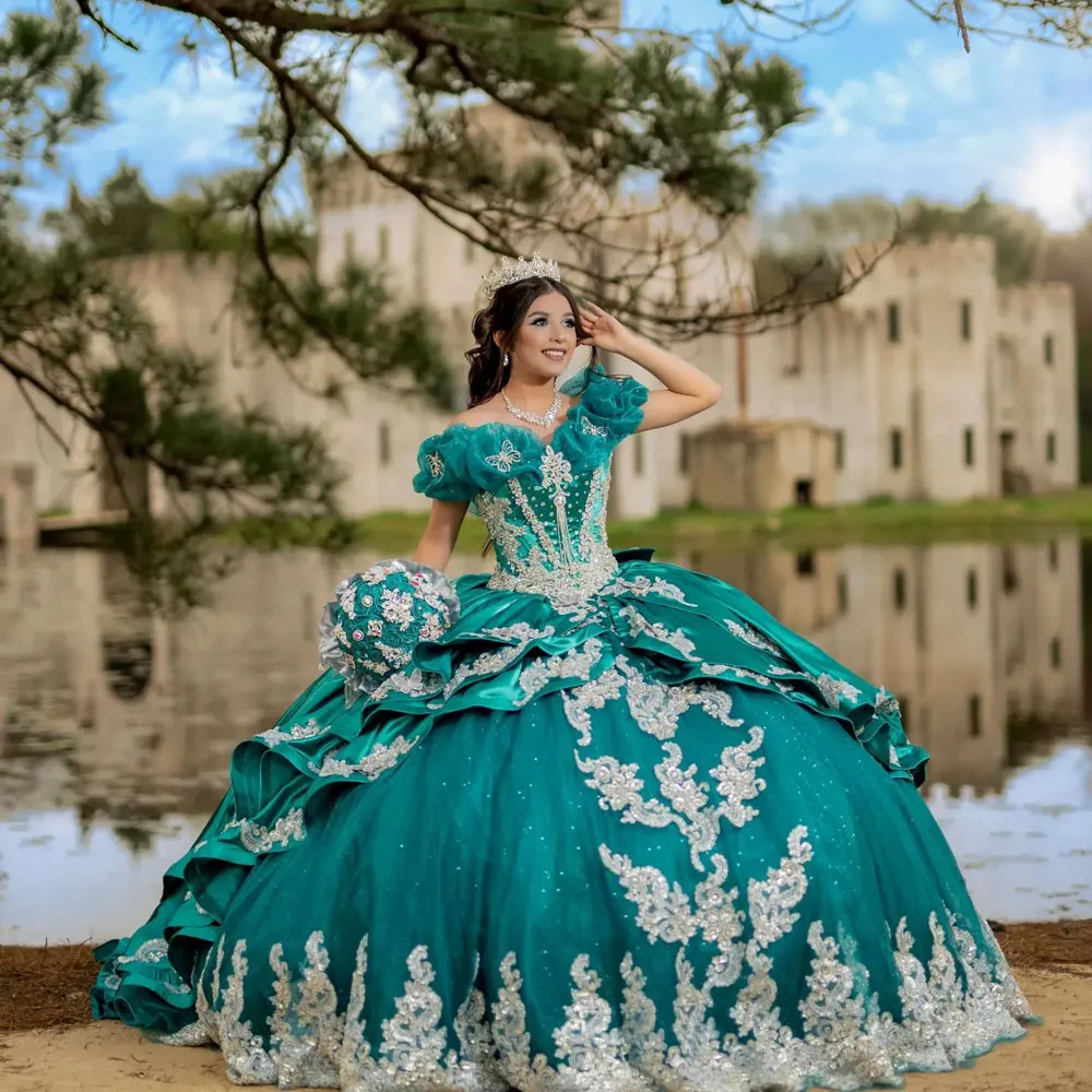 Türkis Schulterfrei Quinceanera Kleider Applikationen Kristall Vestido De 15 Anos Sweet 16 Prom Kleider