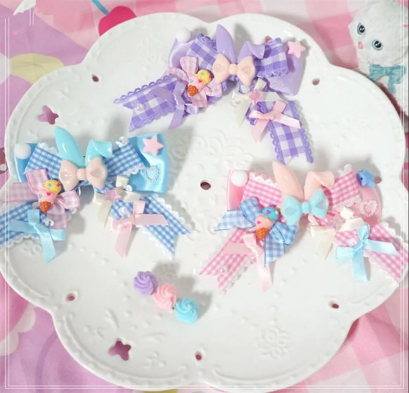 Party Supplies Sweet Girl Plaid Bowknot Ear Hair Clip Lolita Ice Cream Pin Cosplay Side D475
