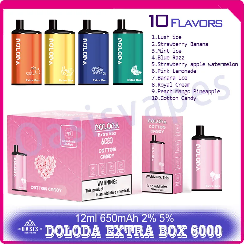 Original Doloda Extra Box 6000 Puff Cigarettes électroniques jetables 650 mAh Batterie rechargeable 12 ml Pod Mesh Coil Puffs 6K Vape Pen