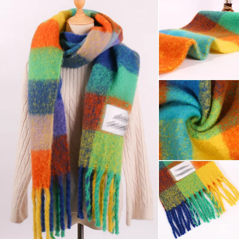 Роскошный шерстяной мешок, кашемировый женский и мужской зимний шарф, дизайнерская шаль, радужная пряжа, клетчатый шарф с имитацией одеяла с кисточками