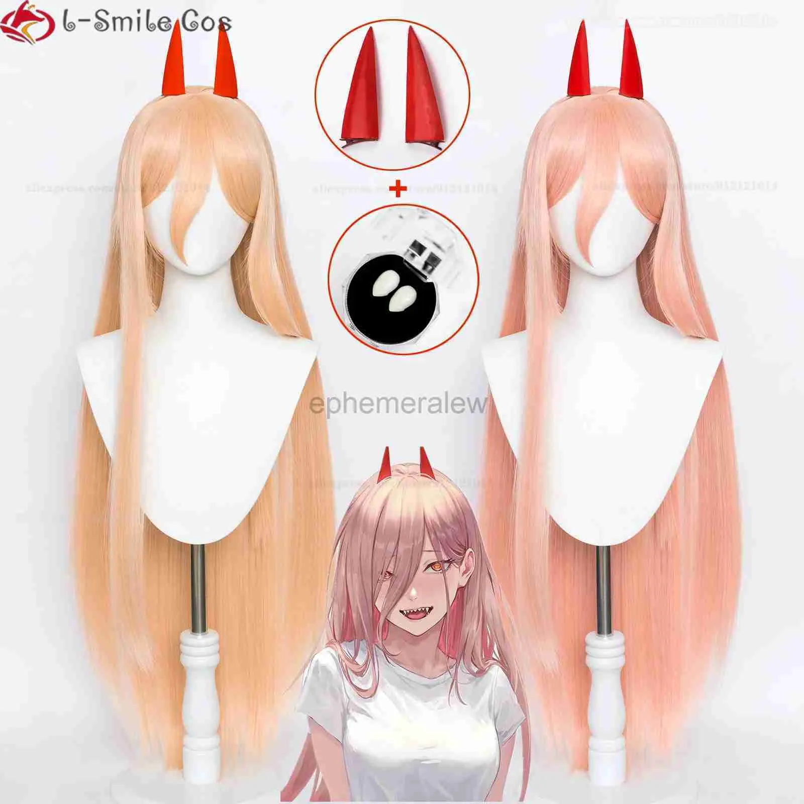 Anime Kostümler Anime Chainsaw Man Cosplay WIG Cosplay Uzun Tip 2 Renk Saç Isıya Dayanıklı Makima Güç Perukları Boynuz Dişleri + Peruk Kapağı ZLN231128