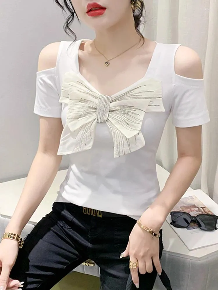 Women's T Shirts Sexy Off-the-shoulder V-neck T-shirt Summer Dress Design Sense Bow Top Slim Show Half Sleeve Small Shirt