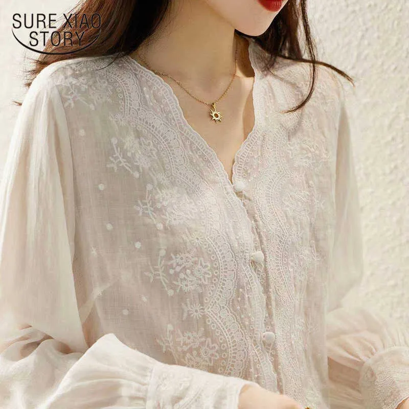 Women's Blouses Shirts French Embroidery Flower Lace Shirt Women's V Neck Sweet Long Sleeve Linen Blouse Women Autumn Loose Elegant Sunscreen Top 16108 P230427