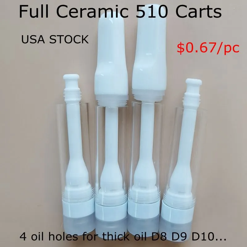 USA Warehouse 0.8ml Full Ceramic Cartridge 510 Empty Disposable Vape Pen Cartridges Updated 4 Thick Oil Holes Carts All-Ceramic Atomizer 1000pcs/case