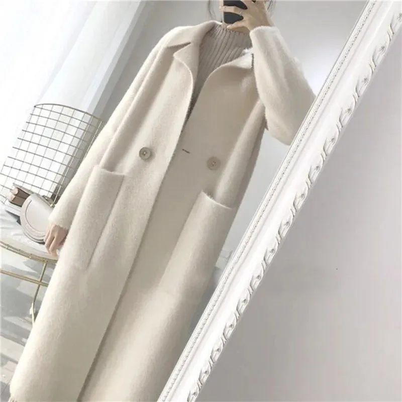 Mélanges de laine pour hommes printemps automne femmes Trench manteau Long blanc vêtements d'extérieur chauds poche col rabattu femme simple bouton imperméable 231128