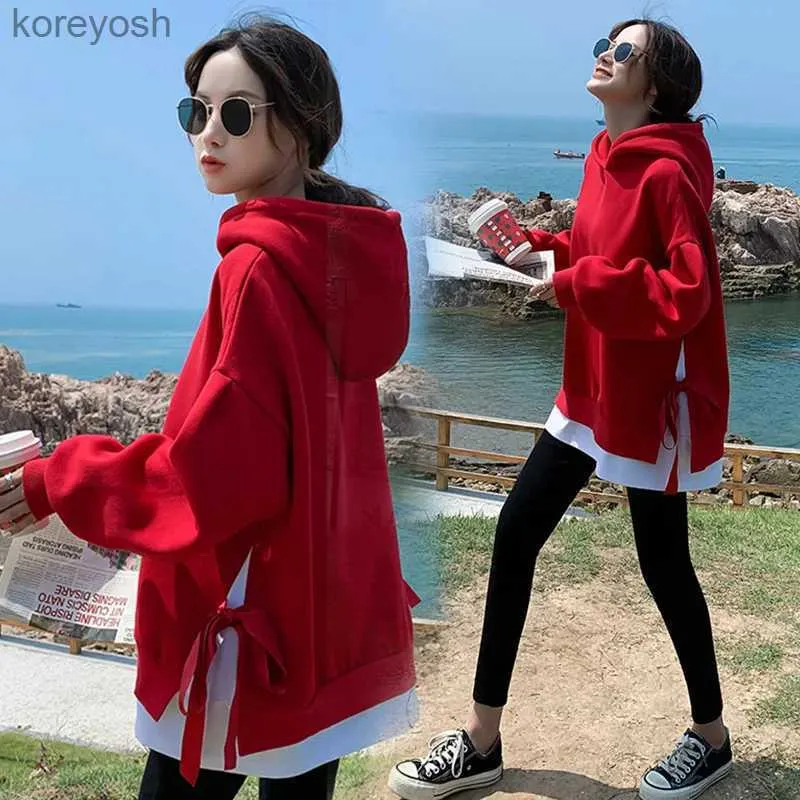 Maternity Tops Tees 2022 new maternity suits large size mid-length two-piece suit pregnant women big red hooded sweater ladies casual loose topL231128