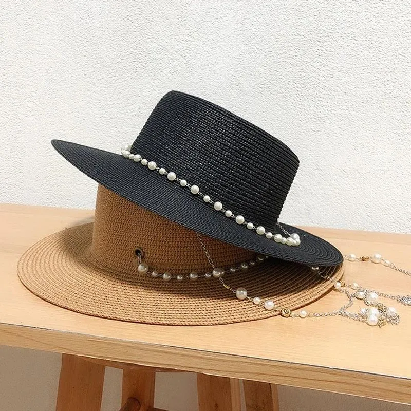 Cappelli a tesa larga 2023 Designer Collana a catena Sole con perla per le donne Estate pieghevole spiaggia signore moda partito cappello di paglia all'ingrosso
