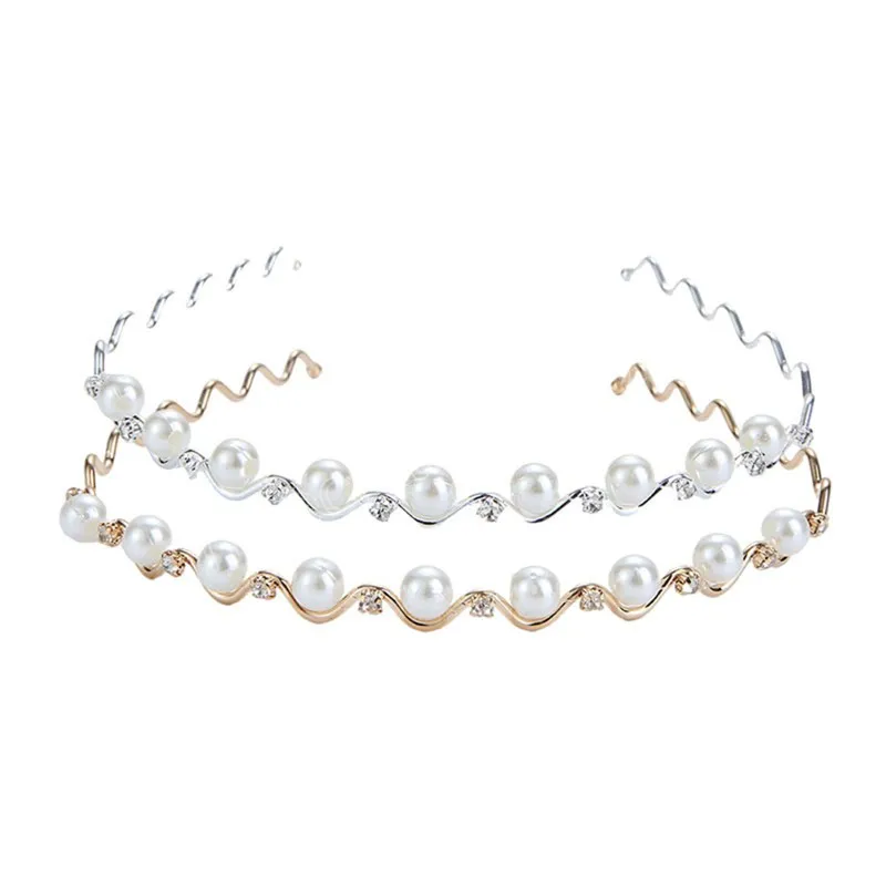 WAVY -formade pannband Imitation Pearl Metal Hair Hoop Smycken för kvinnor Enkla kristalltiaras äktenskap bröllop hårtillbehör