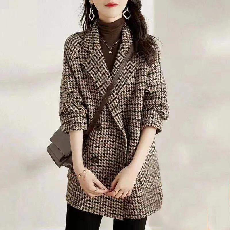 Trajes de mujer Blazers Abrigo de lana Vintage Houndstooth Blazer Mujer Otoño Moda Coreana Slim Plaid Traje Suelto Diseño de lujo Chaqueta cruzada 231127