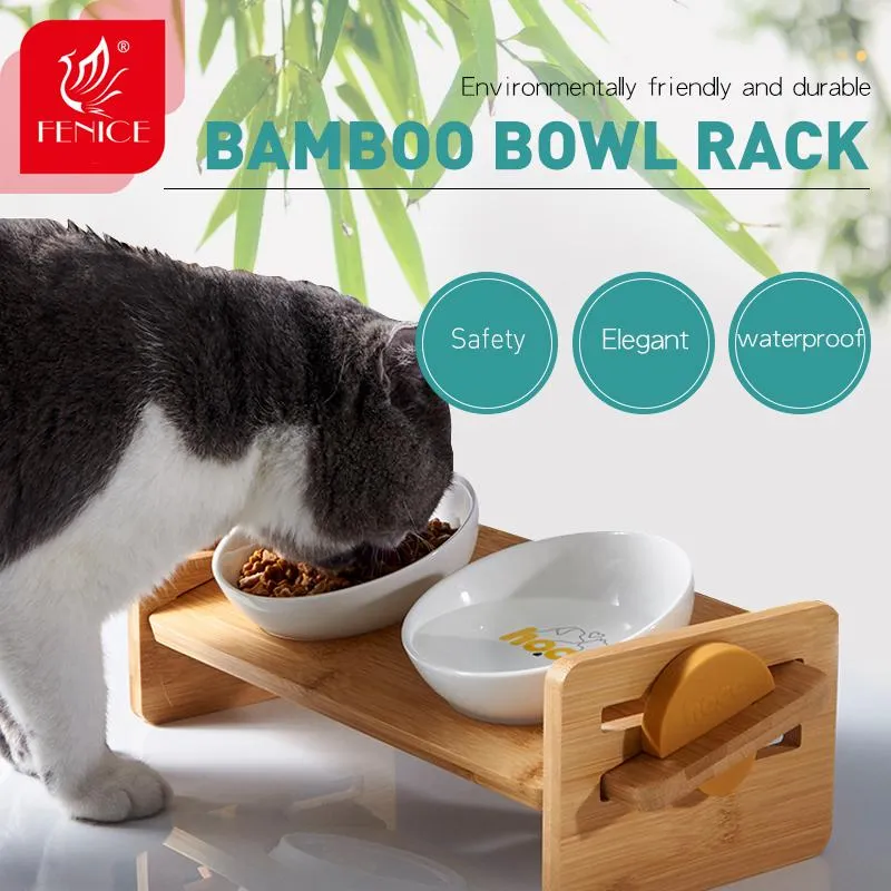 Feeding Fenice Cat Raised Bowl for Cats and Small Dog Adjustable Elevated Bamboo Stand Cats Food and Water Drinker Ceramic Bowls