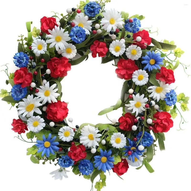 Decorative Flowers 15.75 Inch American Patriotic Wreath For Front Door Fourth Of July Independence Day Red White And Blue Rose