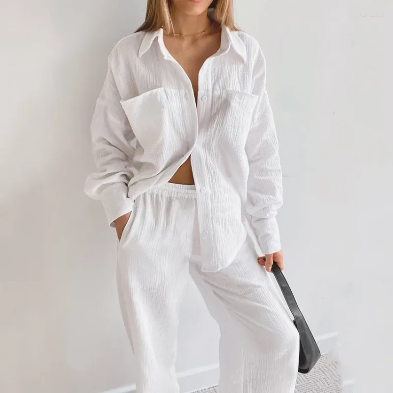 Dames nachtkleding Witte pyjama voor dames Katoenen sets met lange mouwen Nachtkleding Dames Casual broekpakken Effen Lente Pijama Loungewear