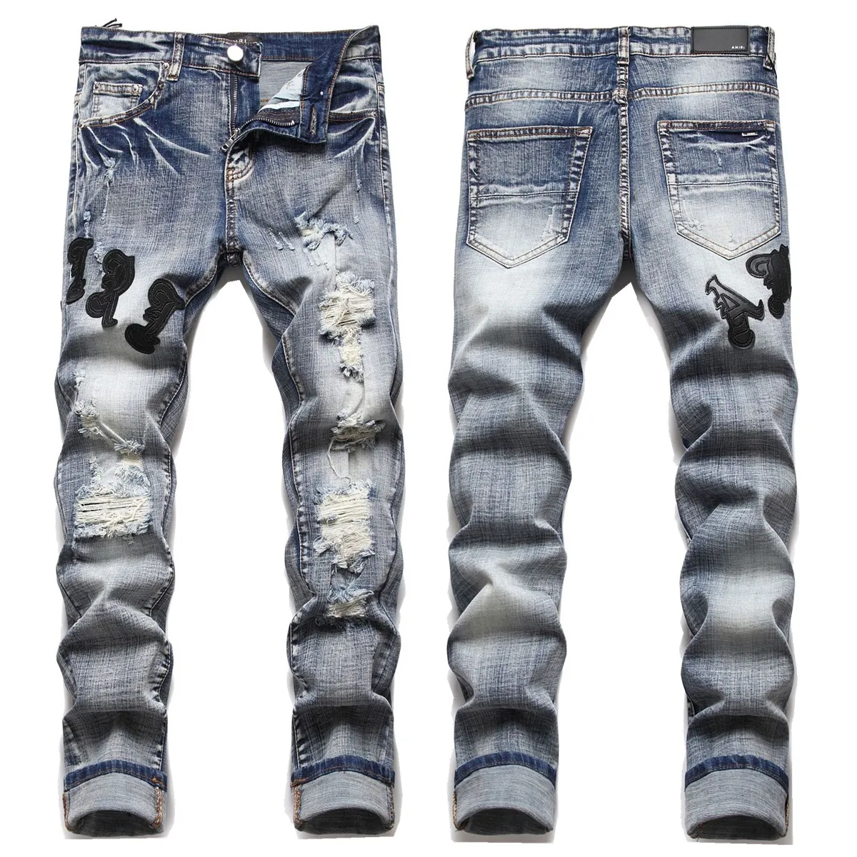 Męskie dżinsy europejskie dżins hombre gwiazda litera am małe miejsce men haftowe patchwork Ripped Trend Brand Motorcycle Spant Męs Chudy AM3093# Rozmiar 29-38