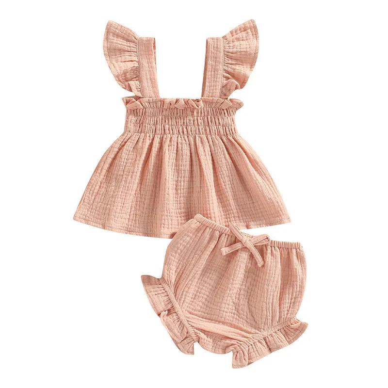 Rompers geboren korte sets babymeisjes kleren zomer outfit ruches vlieg mouw artikelen dingen groepen kleding voor meisjes baby 230427