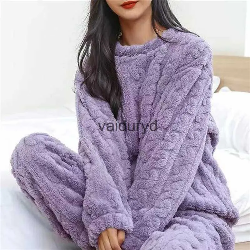Casa roupas femininas pijamas de lã definir inverno sleepwear sólido veludo 2 peça calça casa terno fofo casual quente o-pescoço noite wear 2023vaiduryd5