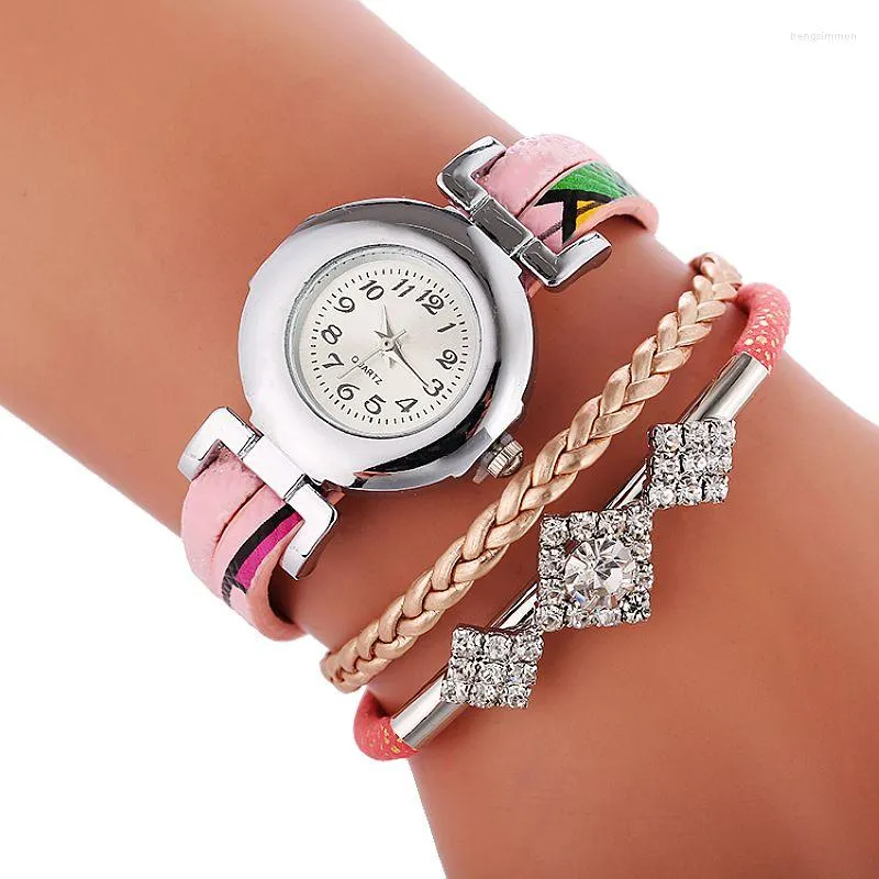 Armbandsur 100 st/lot mode Big Crystal Weave Leather Watch Quartz Wrap Around Lady flätade handledsur för kvinnor