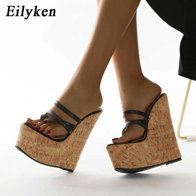 Sandales Eilyken 2023 nouveau noir Sexy Super 18CM compensées bande étroite Pinc femmes sandales talons hauts plate-forme Mules chaussures J230428