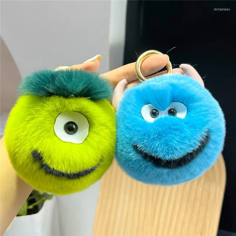 Keychains Cute Real Rex Fur Ball Keychain Big Eye Monster Blue Toy Women Bag Pendant Ornaments Car Keyring Child Gift