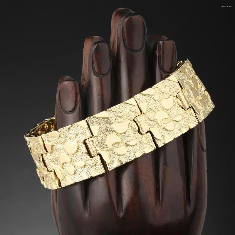 Bangle Groothandelsprijs Hip Hop Sieraden 22CM Heren Horlogeband Armband Goud Kleur Chunky Nugget Getextureerde Link