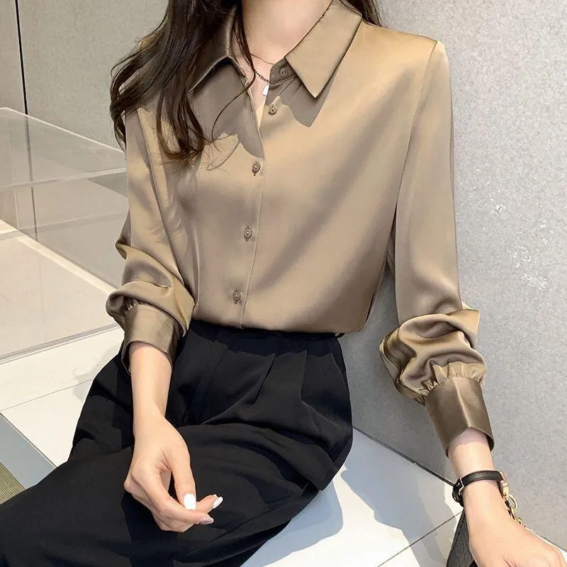 Damen Blusen Luxuriöses Design Khaki Shirt 2023 Frühling Herbst Langarm Top Satin Damen Chiffon Formale Professionelle Arbeit