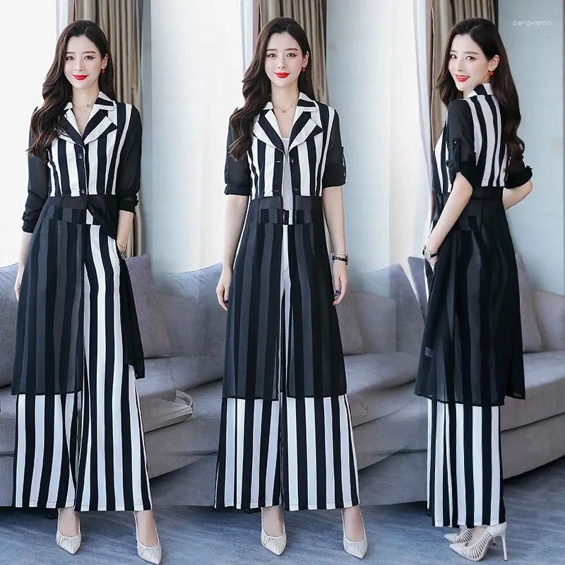 Women's Two Piece Pants White Black Stripes Long Chiffon Shirt Trousers 2023 Spring Fashion Dots Print 2 Pieces Suits Lady Wide Legs Suit