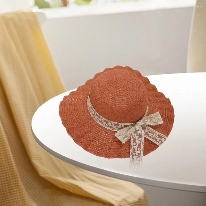 Sombreros de ala ancha, sombrero de verano a la moda, sombrero plisado para mujer, protección solar de paja con nudo de mariposa de encaje