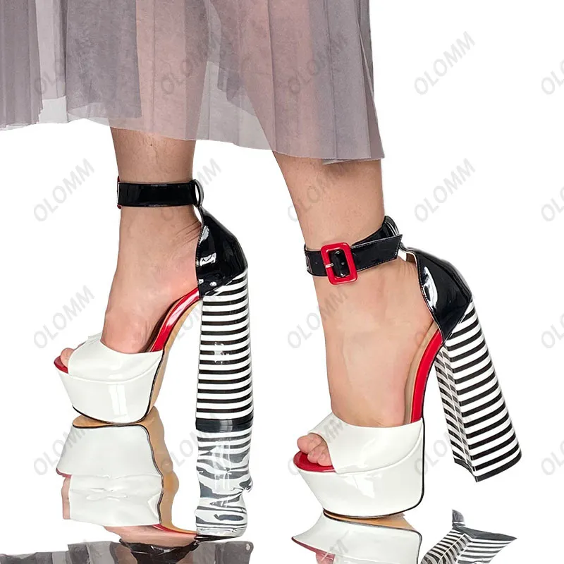 Olomm Handmade Women Shiny Sandals Striped Buckle Hoof Heels Peep Toe Beautiful Red Ladies Party Shoes US Size 35 43 44 45 46 47