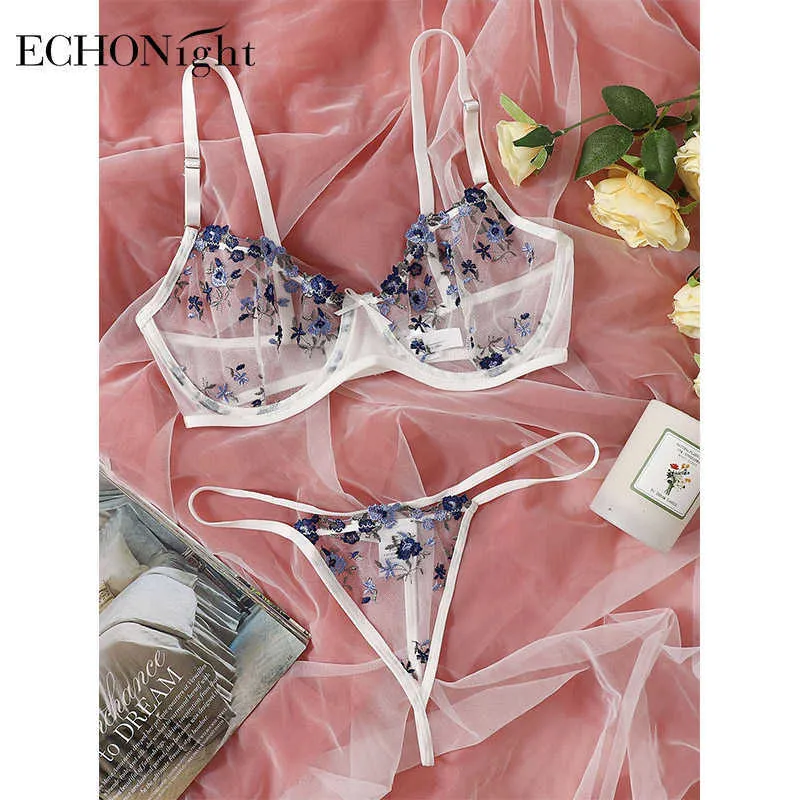 See Through Bra and Panties Underwear Floral Embroidery Langerie