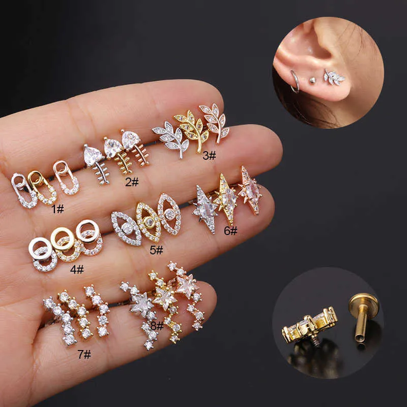 16g de aço inoxidável Brincos de pântano de fundo plano Haste da unha lúpica Frea interna Ear osso Micro incorporado punção cúbica punção Sóail anel de orelha 14k Real Gold for Women