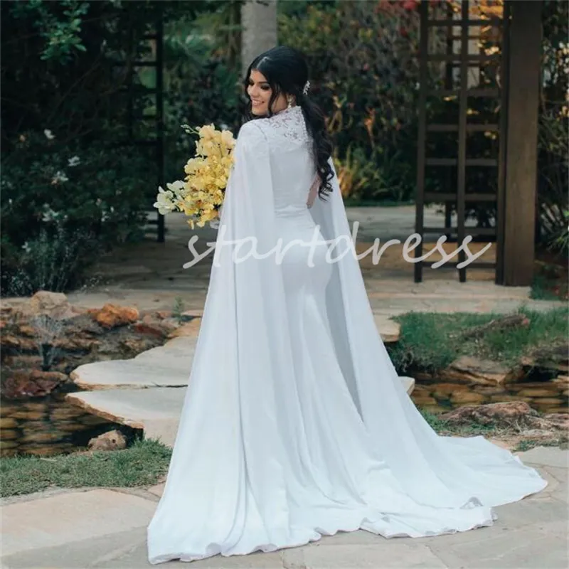 Elegant Muslimah Wedding Dress With Cape Sleeves Mermaid Soft Satin High Neck Lace Muslim Islamic Civil Country Boho Bride Dress Country Style Vestidos De Novia 2024