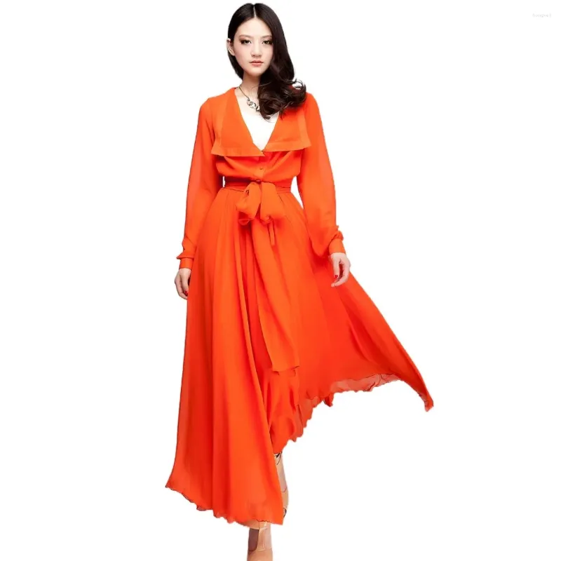 Casual Jurken SD52 2023 Hoge Kwaliteit Op Maat Gemaakt Vrouwen Elegante Oranger Lange Mouw Chiffon Maxi Jurk Moslim Kleding Vrouwen abaya