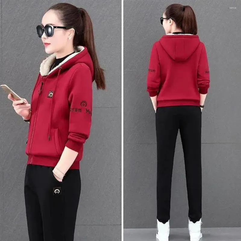 Women's Two Piece Pants Lady Coat Set Stylish Winter Tracksuit With Hooded Drawstring Plush Embroidery Cozy Trendy Functional