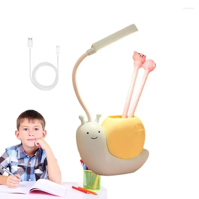 Bordslampor Kids Desk Lamp uppladdningsbar LED -snigel Lässljus Bok Ljus med pennhållare för sovrummet