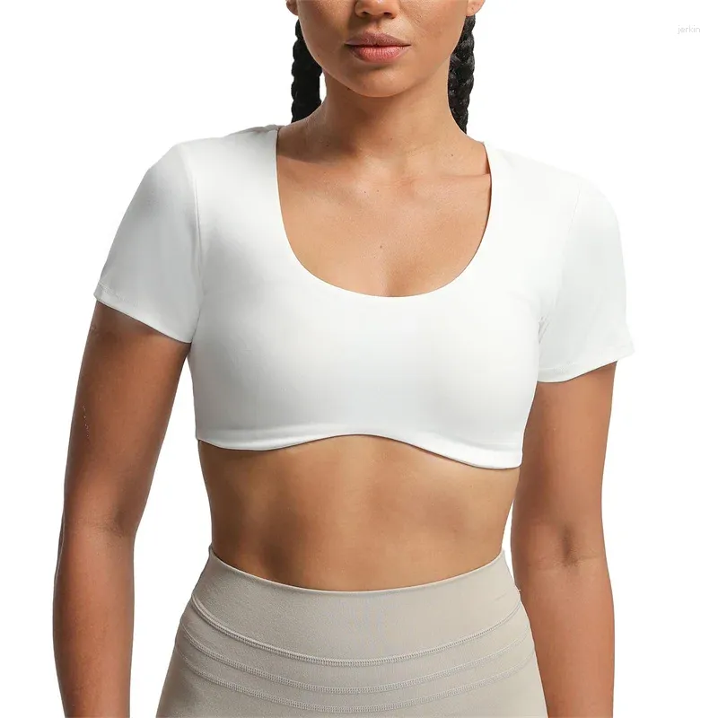 Tanques femininos Atlético Crop Tops Mulheres Verão Roupas Esportivas Cor Sólida Manga Curta Backless T-shirt para Yoga Running Fitness Exercício