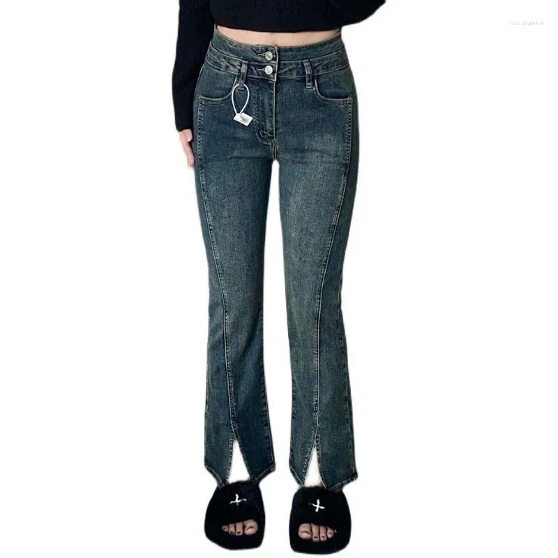 بنطلون جينز نسائي على شكل ساق مستقيمة للنساء بحجم كبير بحجم كبير الخصر سراويل رفيعة