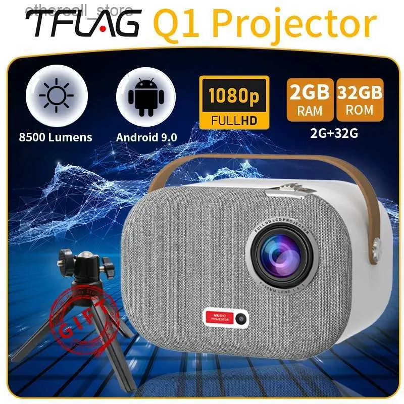 Projetores Android Projetor Full HD 1080P Tflag Q1 Wifi Mini Bluetooth 4K Portátil Não T4 / T2 350Ansi 2 + 32GB Home Theater para Home Office Q231128