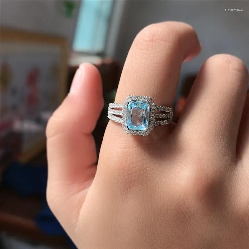 Cluster Ringe Topas Ring 6 8MM natürlicher quadratischer hellblauer Edelstein Mode feiner Schmuck für Frauen Jubiläumsgeschenk echtes 925 Sterling Silber