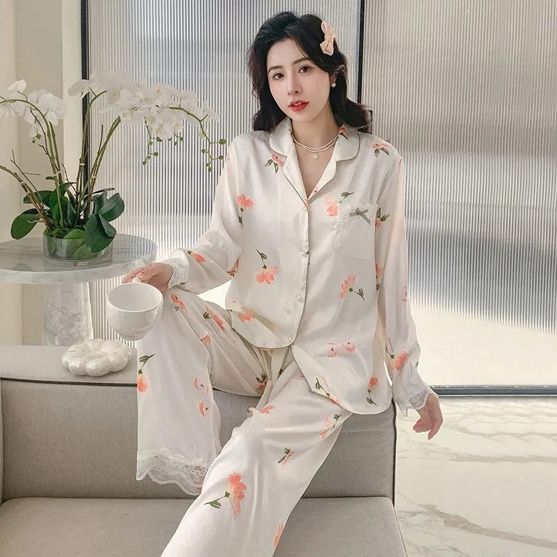 Women's Sleepwear Women Print Pajamas Suit Long Sleeve Shirt Pant Sleep Set Homeweawr 2pcs Rayon Sleepwear Nightwear Summer Intimate Lingerie 230428