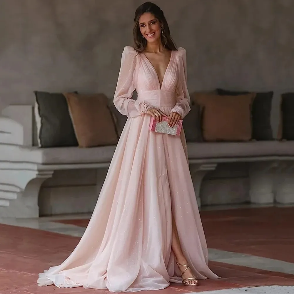 Robe de soirée rose moderne, décolleté en V profond, manches longues bouffantes, fente latérale, longueur au sol, Robe de bal pour femmes, 2024