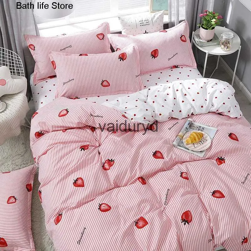 Conjuntos de cama Rosa Kawaii Conjunto Morango Roupa de Cama Quilt Cover Sheet Home Quarto King Queen Size Meninas Duvet Setsvaiduryd