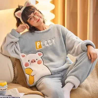 Kadınların Pijama Kışları Kadın Pijama Setleri Pijama Pijamalar Takım Takım Kalın Sıcak Mercan Pazeni Gecikme Erkekler Karikatür Hayvanları Artı S- 6XL 100kg 231128