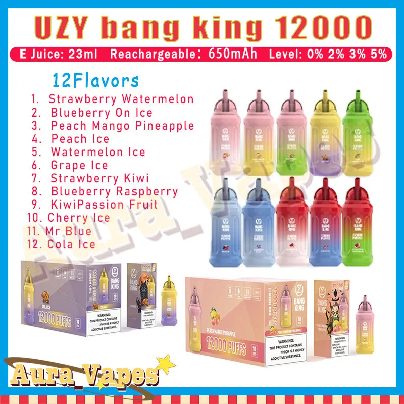 Original UZY Bang King 12000 Puff E Cigarettes 0% 2% 3% 5% Pod pré-rempli 650mAh Batterie 20 saveurs jetables Vape Pen Puffs 12000