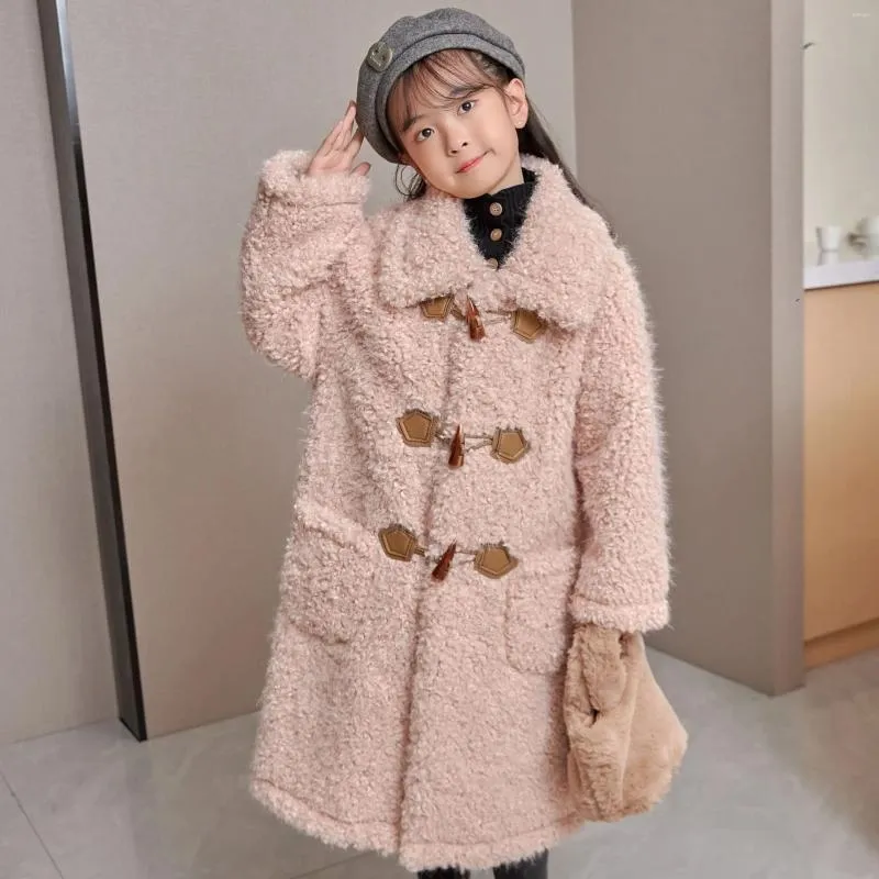 Jackor 2023 Autumn Winter Kids Girls Warm Tjock Loose Wool Jacket Lång kappa Barn Kläder Korean Fashion Fleece Overcoat Q13