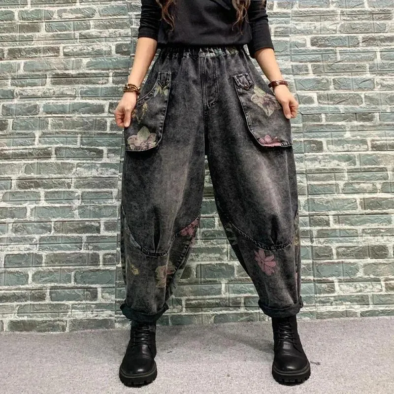 女子ジーンズ冬の韓国ファッションレディースパンクストリートウェアレディースプリントブルーウォームビンテージデニムズボンファーハーレムパンツ