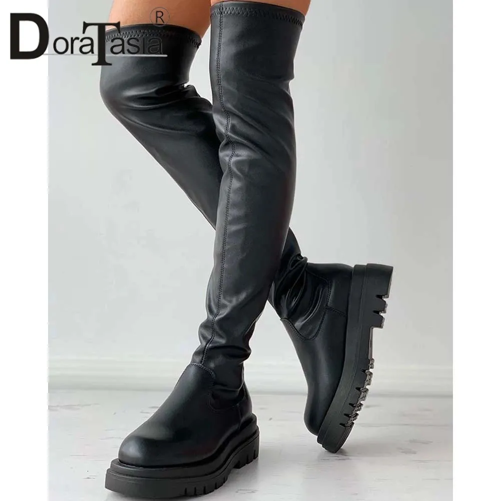 Сапоги DORATASIA, брендовая женская обувь на платформе, высокая мода, женская обувь выше колена на тонком массивном каблуке, женская обувь для вечеринок 231128