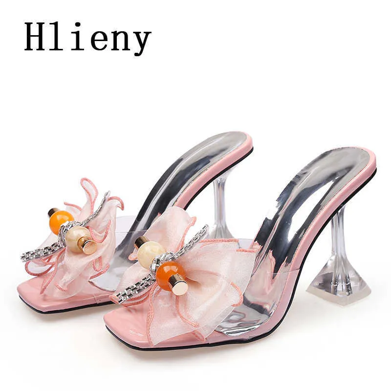 Sandaler Hlieny Storlek 3446 Summer Party Slippers Fashion Pink Bowknot klackar Sandaler Kvinnor Square Open Toe PVC Transparenta Shoes Slides J230428